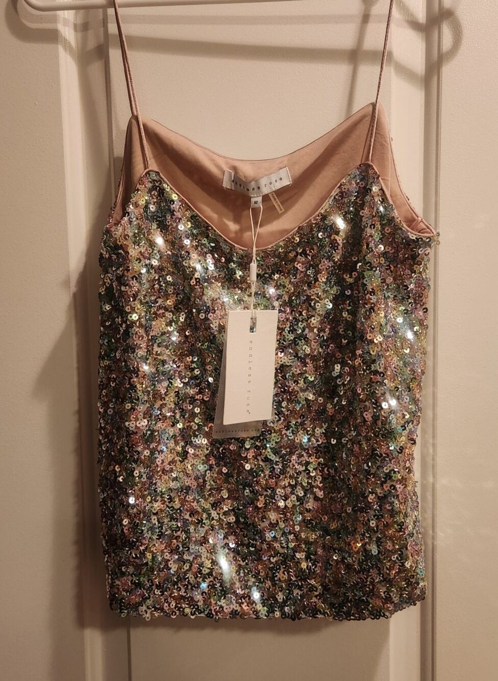 NWT Endless Rose x Anthropologie Sequin Top Camisole Multi Colored Pink Medium